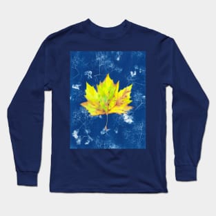 Yellow watercolour autumn leaf on a blue cyanotype background Long Sleeve T-Shirt